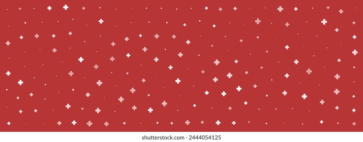 White plus symbols of different sizes and opacity on red background. Abstract pattern of medical cross or mathematical plus pictogram. Vector illustration on cyan background with stars.