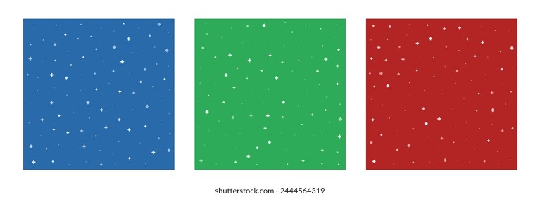 White or plus symbols of different sizes and opacity on red, green and blue background. Set of abstract patterns of medical cross or mathematical plus pictogram. Vector illustration.