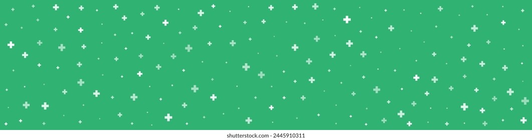 White plus symbols of different sizes and opacity on green background. Abstract pattern of medical cross or mathematical plus pictogram. Vector illustration on cyan background with stars.