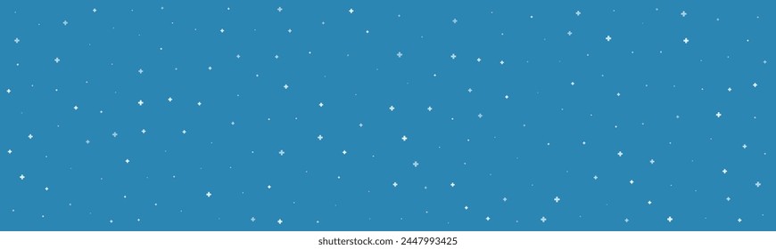 White plus symbols of different sizes and opacity on blue background. Abstract pattern of medical cross or mathematical plus pictogram. Vector illustration on cyan background with stars.