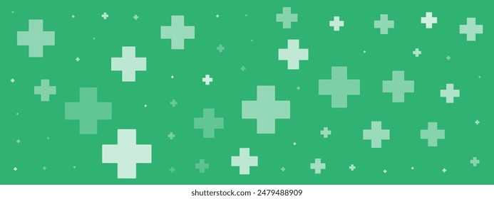 White plus symbols of different sizes and opacity on green background. Abstract pattern of medical cross or mathematical plus pictogram. Vector illustration on cyan background with stars.