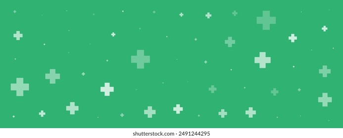 White plus symbols of different sizes and opacity on green background. Abstract pattern of medical cross or mathematical plus pictogram. Vector illustration on cyan background with stars.