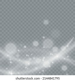 White png dust light. Bokeh light lights effect background. Christmas background of shining dust Christmas glowing light bokeh confetti and spark overlay texture for your design.