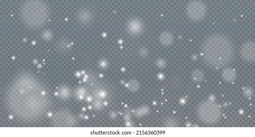 White png dust light. Bokeh light lights effect background. Christmas background of shining dust Christmas glowing light bokeh confetti and spark overlay texture for your design.