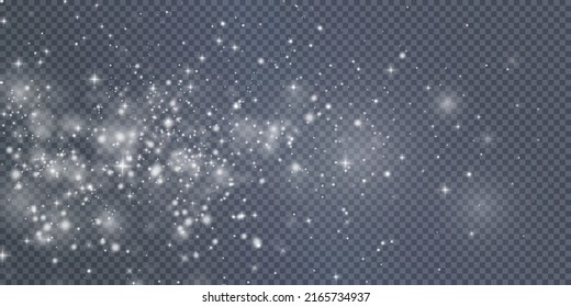 White png dust light. Bokeh light lights effect background. Christmas background of shining dust Christmas glowing light bokeh confetti and spark overlay texture for your design.	