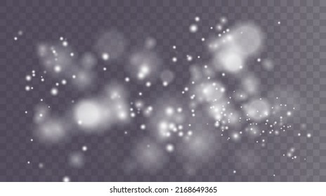 White png dust light. Bokeh light lights effect background. Christmas background of shining dust Christmas glowing light bokeh confetti and spark overlay texture for your design.	