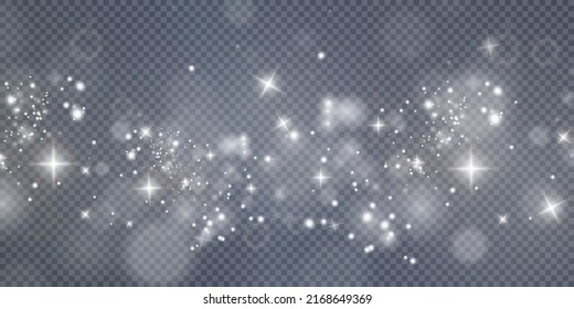 White png dust light. Bokeh light lights effect background. Christmas background of shining dust Christmas glowing light bokeh confetti and spark overlay texture for your design.	