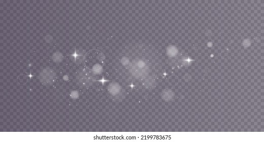 White png dust light. Bokeh light lights effect background. Christmas background of shining dust Christmas glowing light bokeh confetti and spark overlay texture for your design.