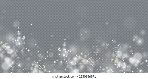 White png dust light. Bokeh light lights effect background. Christmas background of shining dust Christmas glowing light bokeh confetti and spark overlay texture for your design.