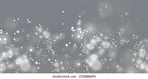 White png dust light. Bokeh light lights effect background. Christmas background of shining dust Christmas glowing light bokeh confetti and spark overlay texture for your design.