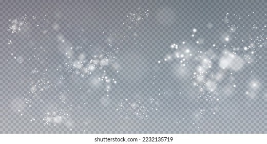 White png dust light. Bokeh light lights effect background. Christmas background of shining dust Christmas glowing light bokeh confetti and spark overlay texture for your design.