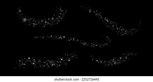 White png dust light. Bokeh light lights effect background. Christmas background of shining dust Christmas glowing light bokeh confetti and spark overlay texture for your design.
