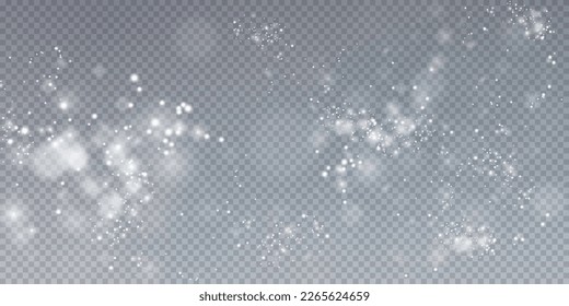 White png dust light. Bokeh light lights effect background. Christmas background of shining dust Christmas glowing light bokeh confetti and spark overlay texture for your design.