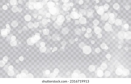 White png dust light. Bokeh light lights effect background. Christmas background of shining dust. Christmas glowing light confetti and spark overlay. Shimmering Dust. Festive Designs.
