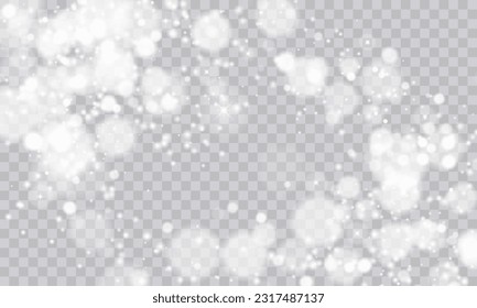 White png dust light. Bokeh light lights effect background. Christmas background of shining dust. Christmas glowing light confetti and spark overlay. Shimmering Dust. Festive Designs.