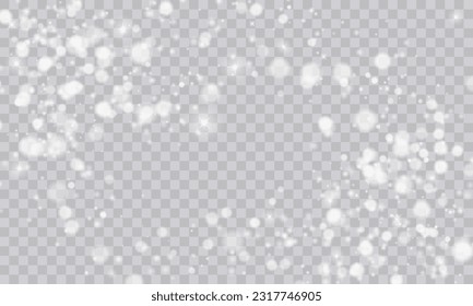 White png dust light. Bokeh light lights effect background. Christmas background of shining dust. Christmas glowing light confetti and spark overlay. Shimmering Dust. Festive Designs.