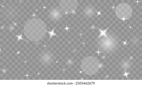 White png dust light. Bokeh light lights effect background. Christmas background of shining dust Christmas glowing light bokeh confetti and spark overlay texture for your design.