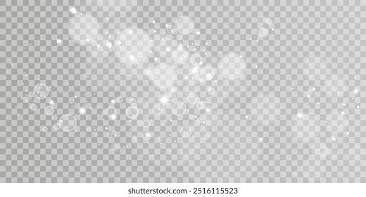 White png dust light. Bokeh light lights effect background. Christmas background of shining dust Christmas glowing light bokeh confetti and spark overlay texture for your design.