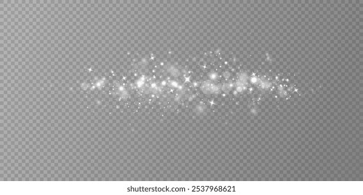 White png dust light. Bokeh light lights effect background. Christmas background of shining dust Christmas glowing light bokeh confetti for your design.