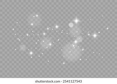 White png dust light. Bokeh light lights effect background. Christmas background of shining dust Christmas glowing light bokeh confetti and spark overlay texture for your design.