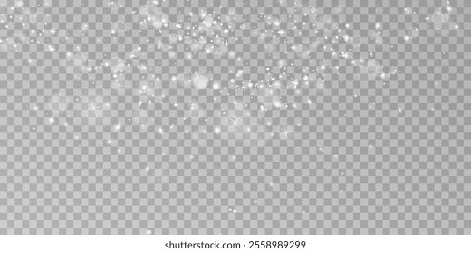 White png dust light. Bokeh light lights effect background. Christmas background of shining dust Christmas glowing light bokeh confetti and spark overlay texture for your design.