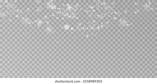 White png dust light. Bokeh light lights effect background. Christmas background of shining dust Christmas glowing light bokeh confetti and spark overlay texture for your design.