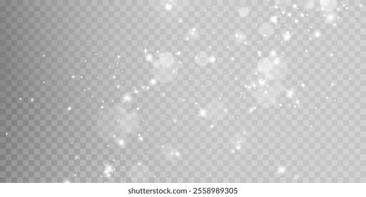 White png dust light. Bokeh light lights effect background. Christmas background of shining dust Christmas glowing light bokeh confetti and spark overlay texture for your design.