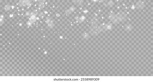 White png dust light. Bokeh light lights effect background. Christmas background of shining dust Christmas glowing light bokeh confetti and spark overlay texture for your design.