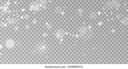 White png dust light. Bokeh light lights effect background. Christmas background of shining dust Christmas glowing light bokeh confetti and spark overlay texture for your design.