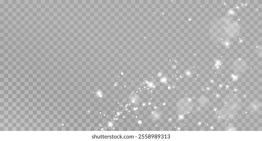 White png dust light. Bokeh light lights effect background. Christmas background of shining dust Christmas glowing light bokeh confetti and spark overlay texture for your design.