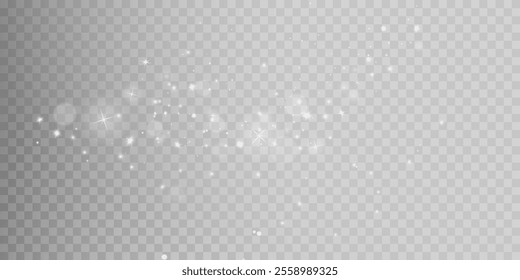 White png dust light. Bokeh light lights effect background. Christmas background of shining dust Christmas glowing light bokeh confetti and spark overlay texture for your design.