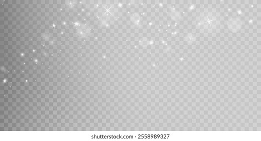 White png dust light. Bokeh light lights effect background. Christmas background of shining dust Christmas glowing light bokeh confetti and spark overlay texture for your design.