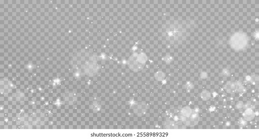 White png dust light. Bokeh light lights effect background. Christmas background of shining dust Christmas glowing light bokeh confetti and spark overlay texture for your design.