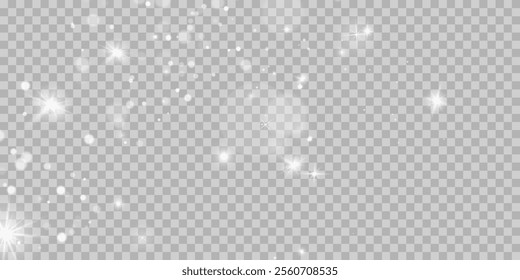 White png dust light. Bokeh light lights effect background. Christmas background of shining dust Christmas glowing light bokeh confetti and spark overlay texture for your design.