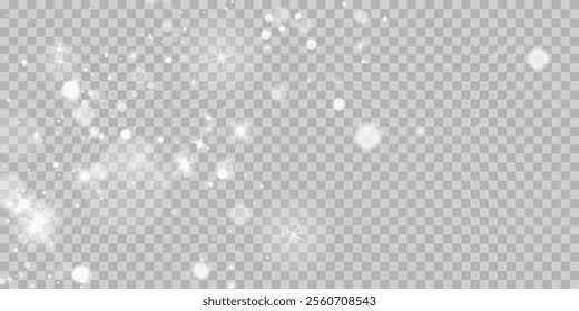 White png dust light. Bokeh light lights effect background. Christmas background of shining dust Christmas glowing light bokeh confetti and spark overlay texture for your design.