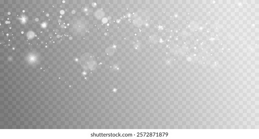 White png dust light. Bokeh light lights effect background. Christmas background of shining dust Christmas glowing light bokeh confetti and spark overlay texture for your design.