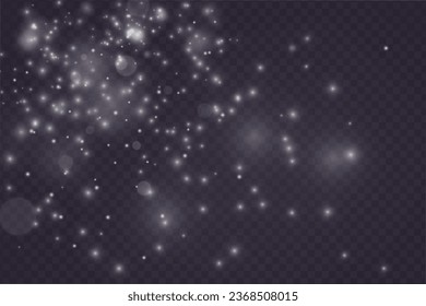 White png dust light. Christmas background of shining dust Christmas glowing light bokeh confetti and spark overlay texture for your design.