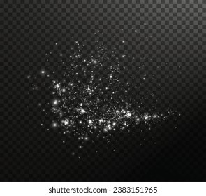 White png dust light. Christmas background of shining dust Christmas glowing light bokeh confetti and spark overlay texture for your design.	