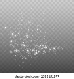 White png dust light. Christmas background of shining dust Christmas glowing light bokeh confetti and spark overlay texture for your design.	