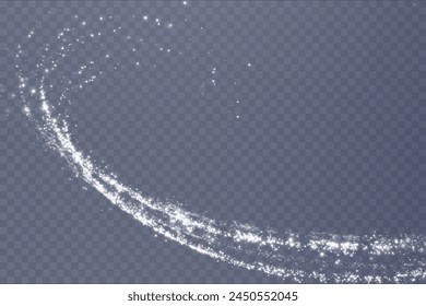 White png dust light. Christmas background of shining dust Christmas glowing light bokeh confetti and spark overlay texture for your design. White festive curve wind Png.	
