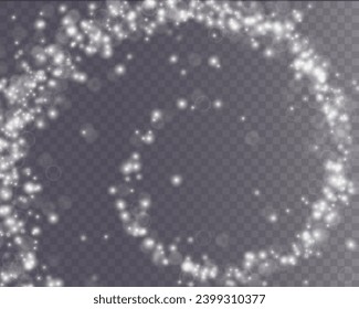 White png dust light. Spiral Bokeh light lights effect background. Christmas background of shining dust Christmas glowing light bokeh confetti and spark overlay texture for your design.