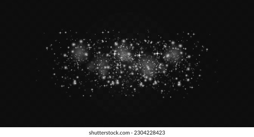 White png dust light. Vector silver glowing glitter background. Abstract glowing bokeh lights. Christmas concept flare sparkle. Glitter defocused blinking stars and sparks.