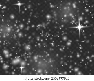 White png dust light. Vector silver glowing glitter background. Abstract glowing bokeh lights. Christmas concept flare sparkle. Glitter defocused blinking stars and sparks.