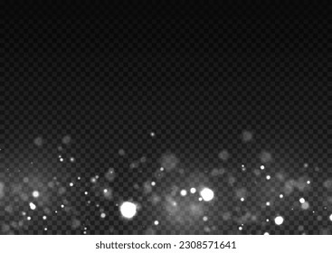 White png dust light. Vector silver glowing glitter background. Abstract glowing bokeh lights. Christmas concept flare sparkle. Glitter defocused blinking stars and sparks.