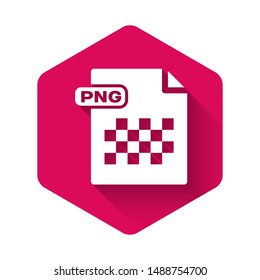 White PNG file document. Download png button icon isolated with long shadow. PNG file symbol. Pink hexagon button. Vector Illustration