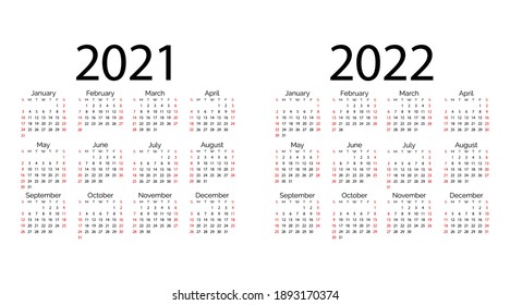 White pocket vector calendar 2021 2022 years. Minimal business simple clean design. Classic grid, week starts from sunday
