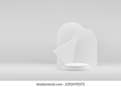 Fondo 3d de podio blanco para la visualización de productos cosméticos. Escalera redonda mínima y formas de arco geométrico. Galería abstracta de bloques grises, representación del vector de la vitrina de estudio.