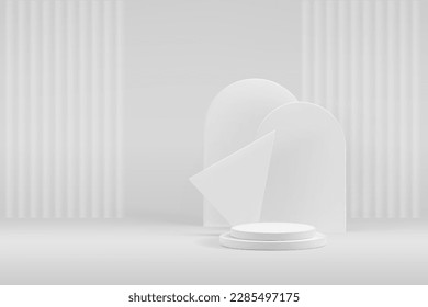 White podium 3d background for product display. Minimal round stairs stage and geometric shapes. Embossed paper background.