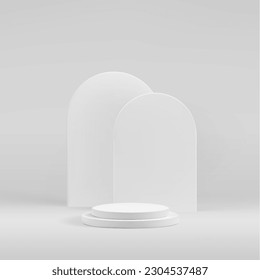 White podium 3d background for product display. Minimal round stairs stage and geometric arch shapes