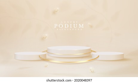 White podium with 3d ball luxury and leaf shadow element, realistic style background, Empty space to place products or text for advertising. vector illustration.